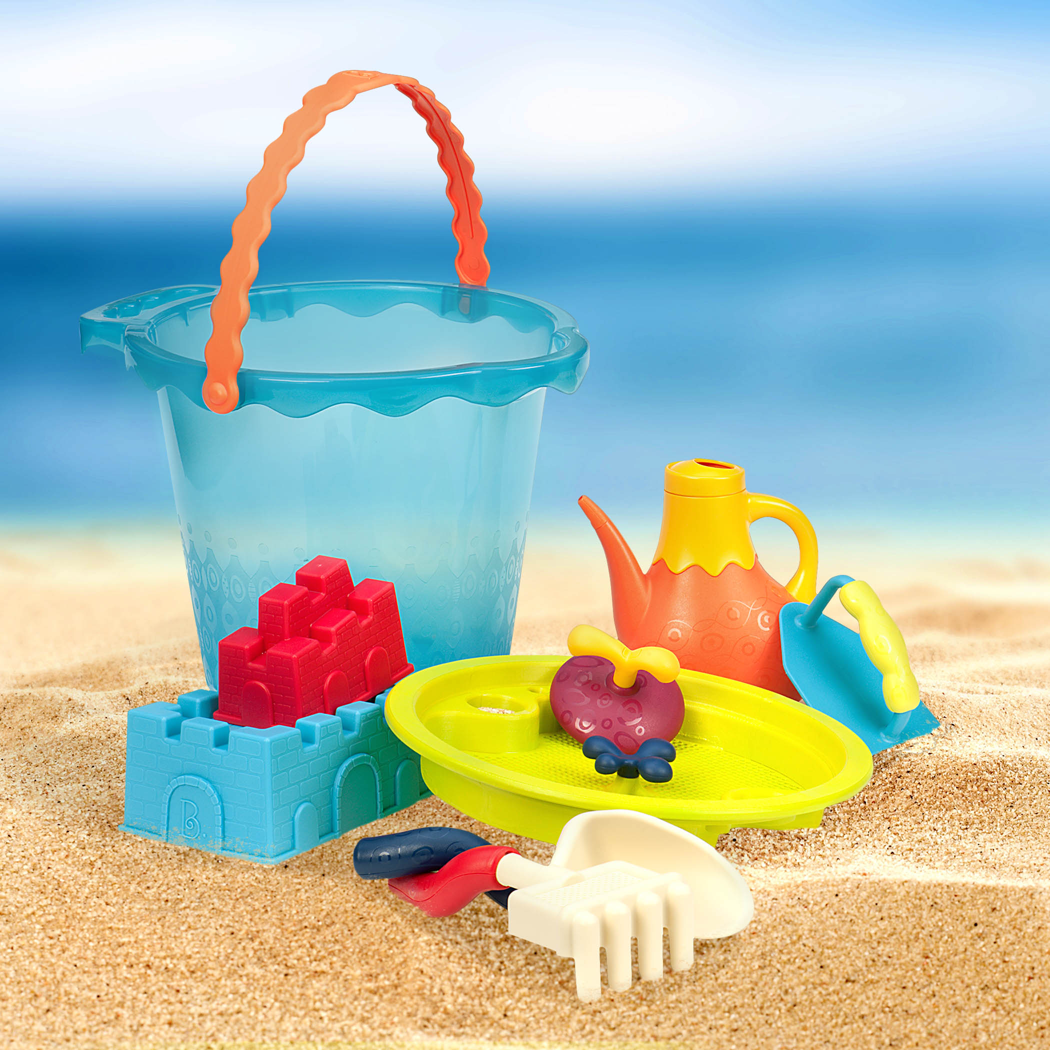 Beach toys with blue bucket.