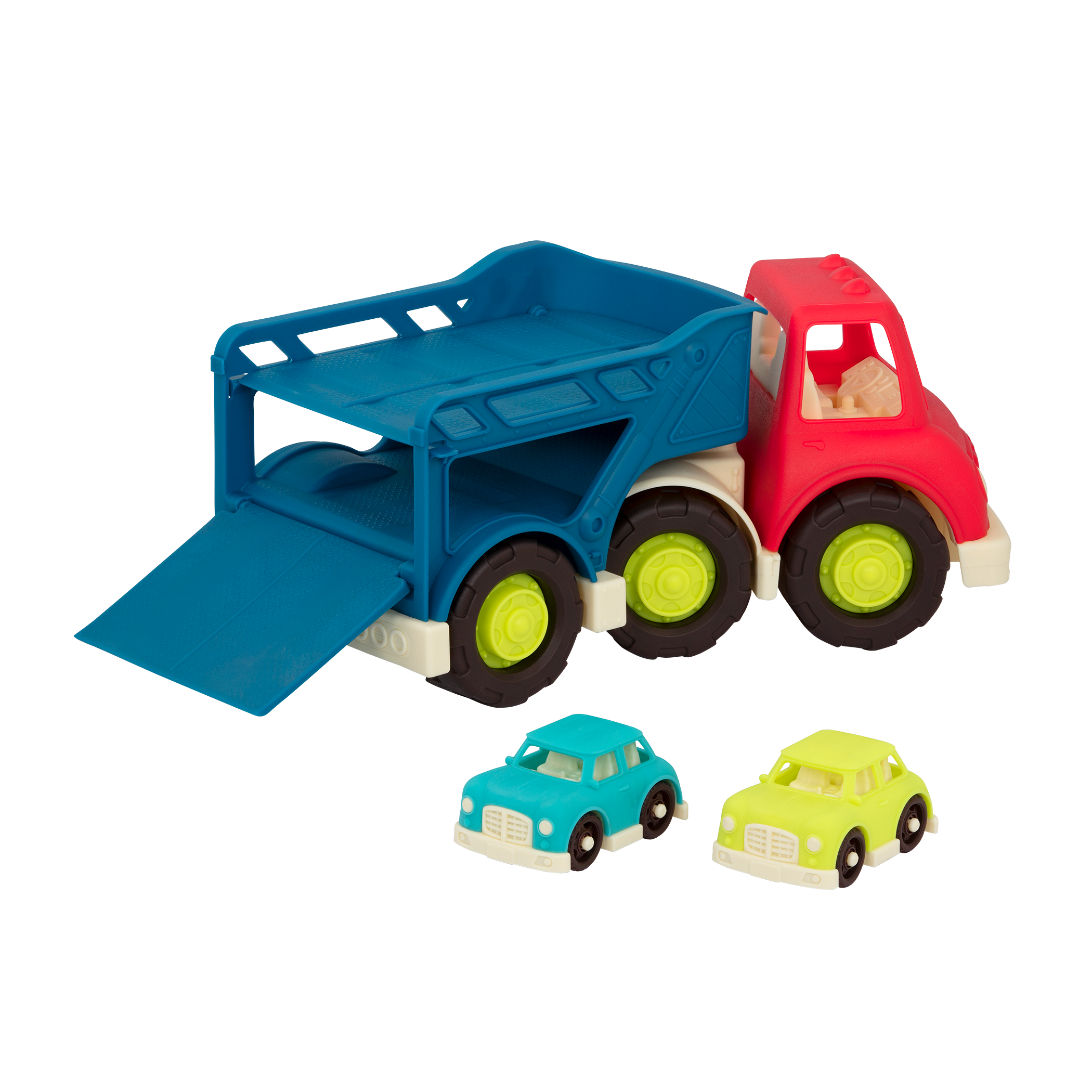 Toy car carrier with two cars.