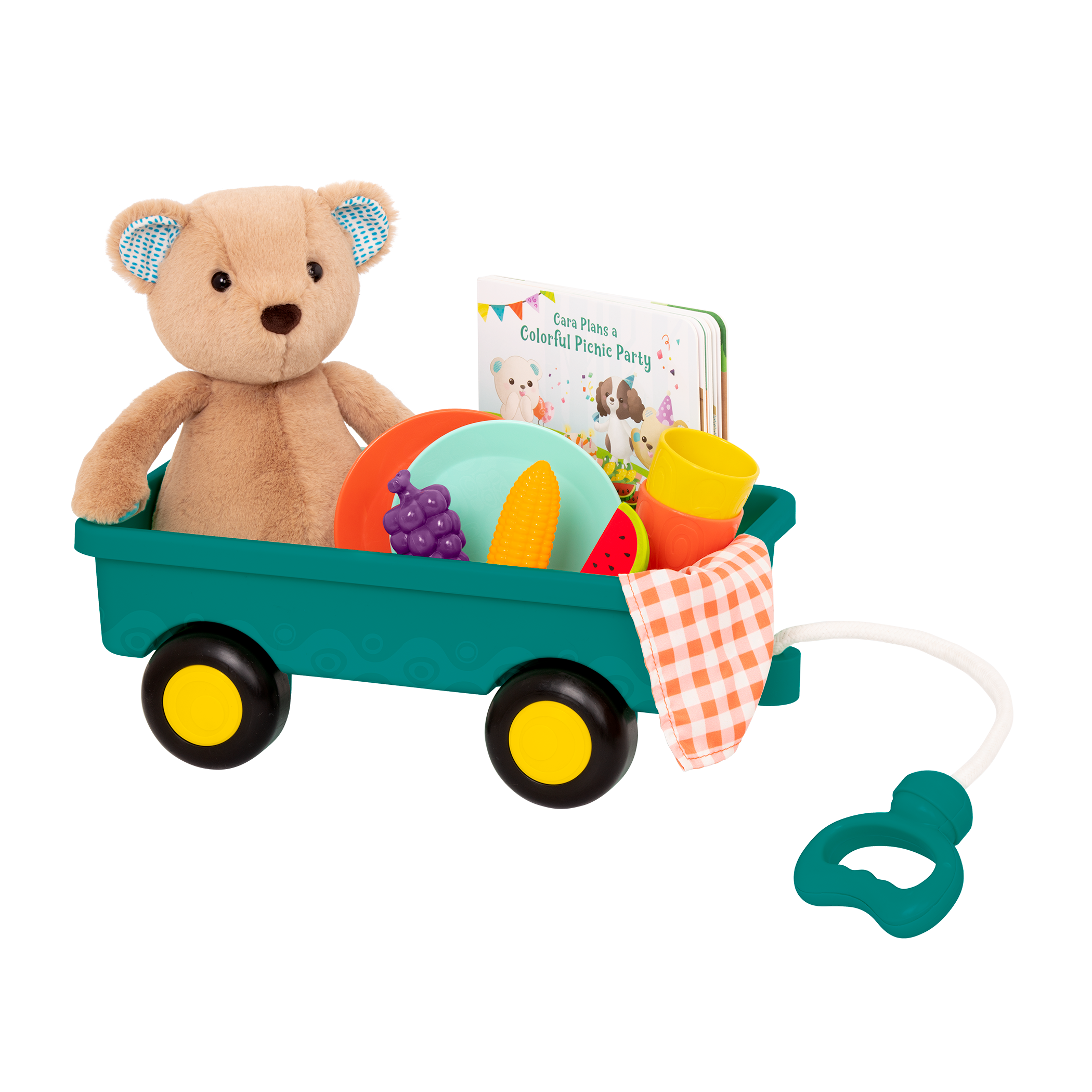 Plush bear with picnic playset and book.
