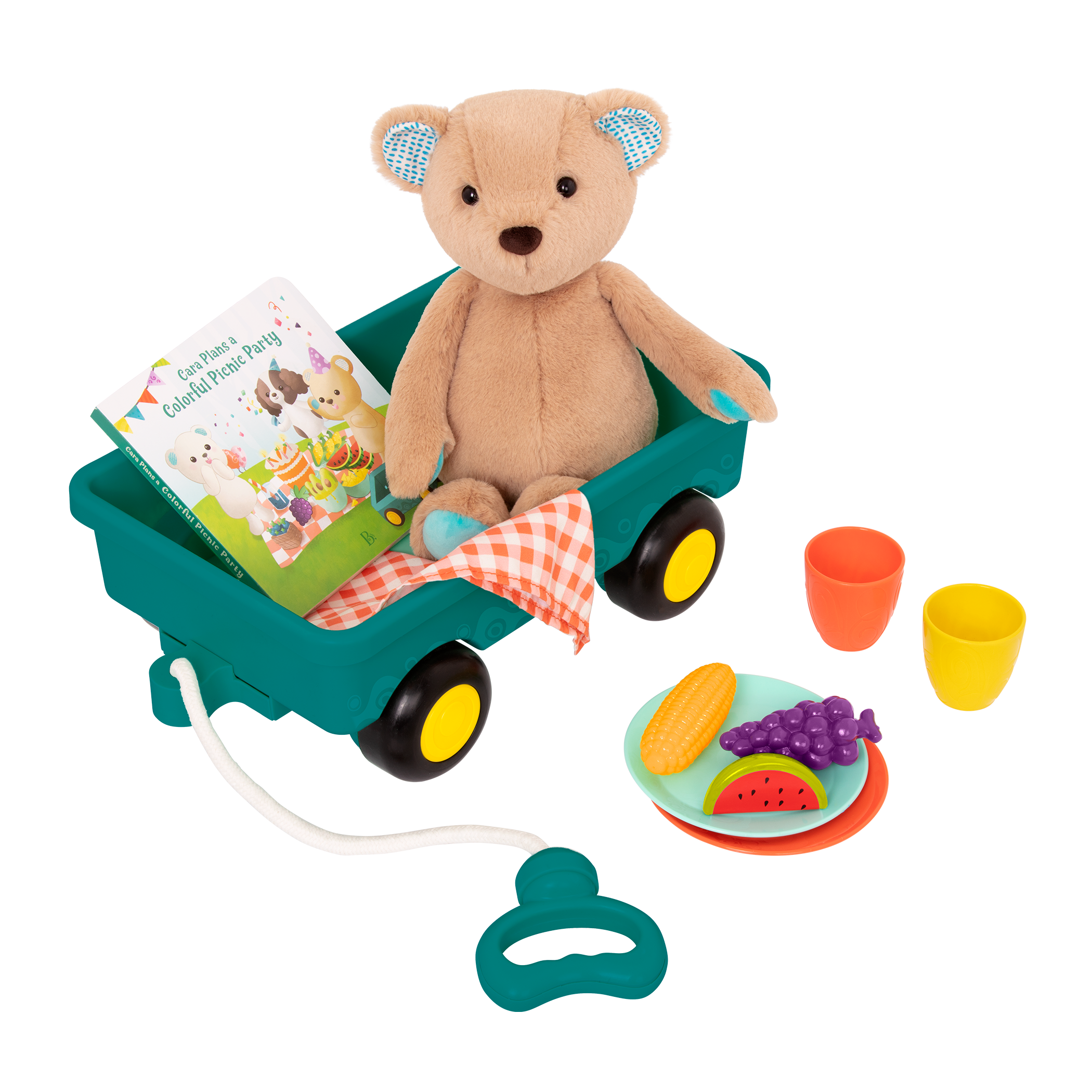 Plush bear with picnic playset and book.