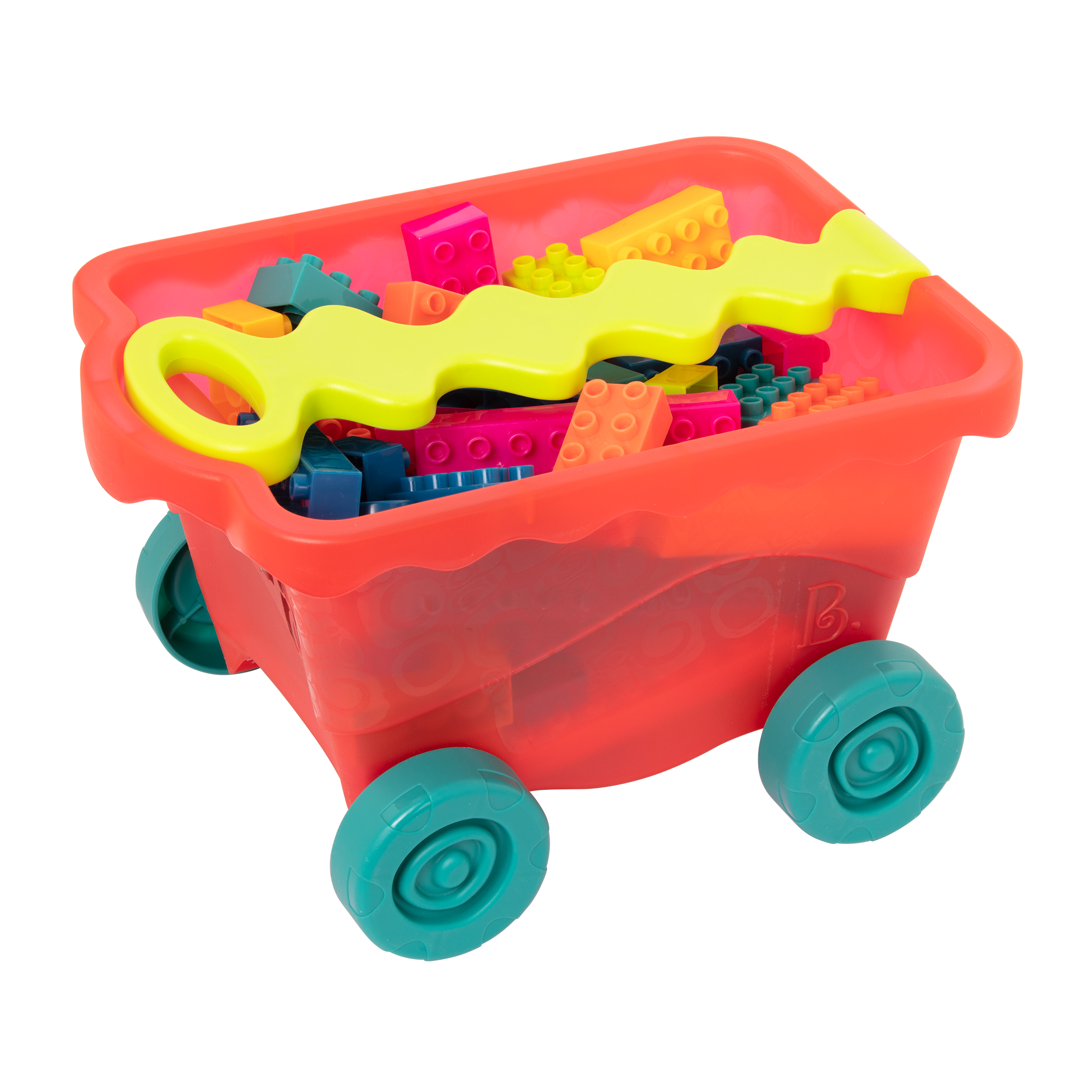 colourful building blocks and a wagon.