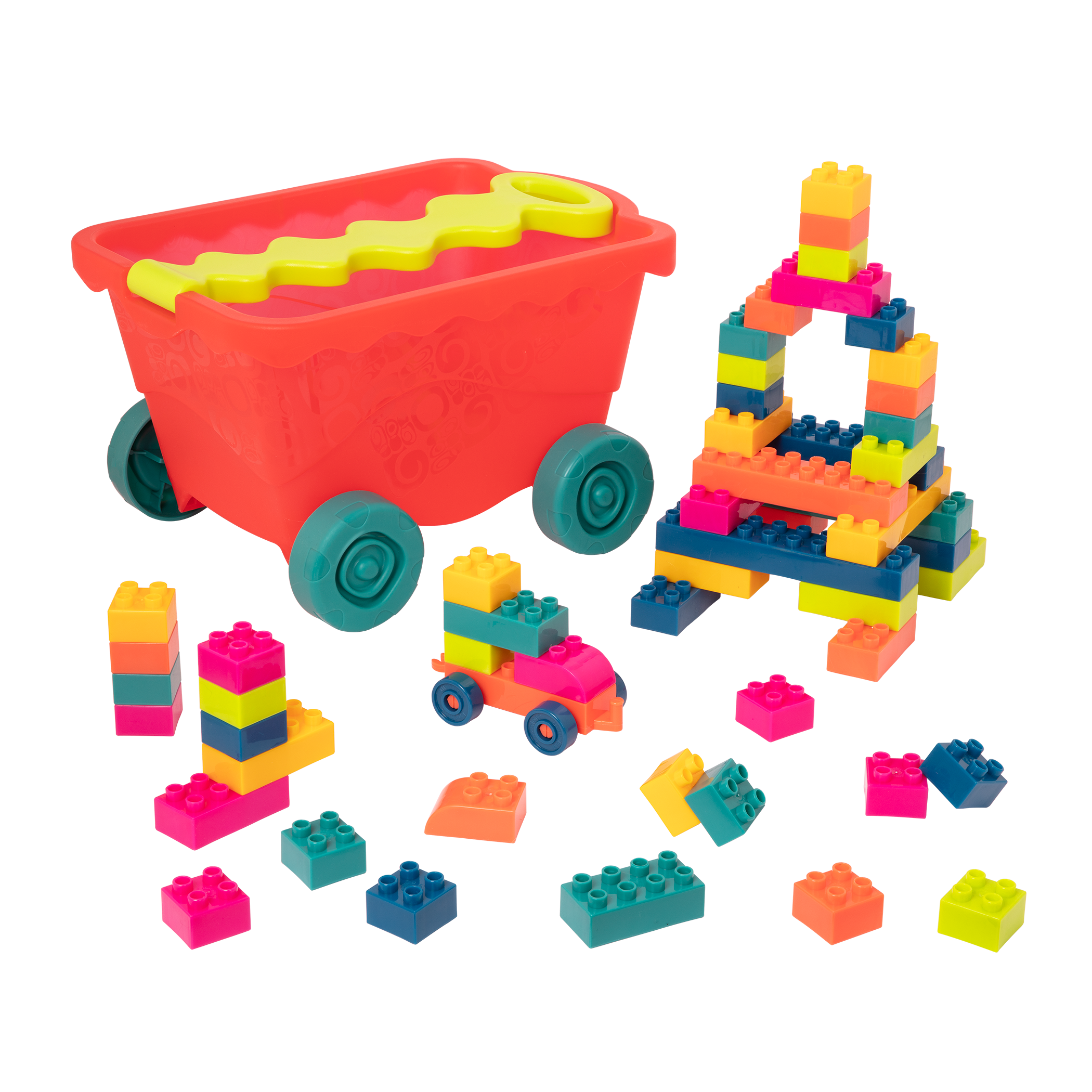 colourful building blocks and a wagon.