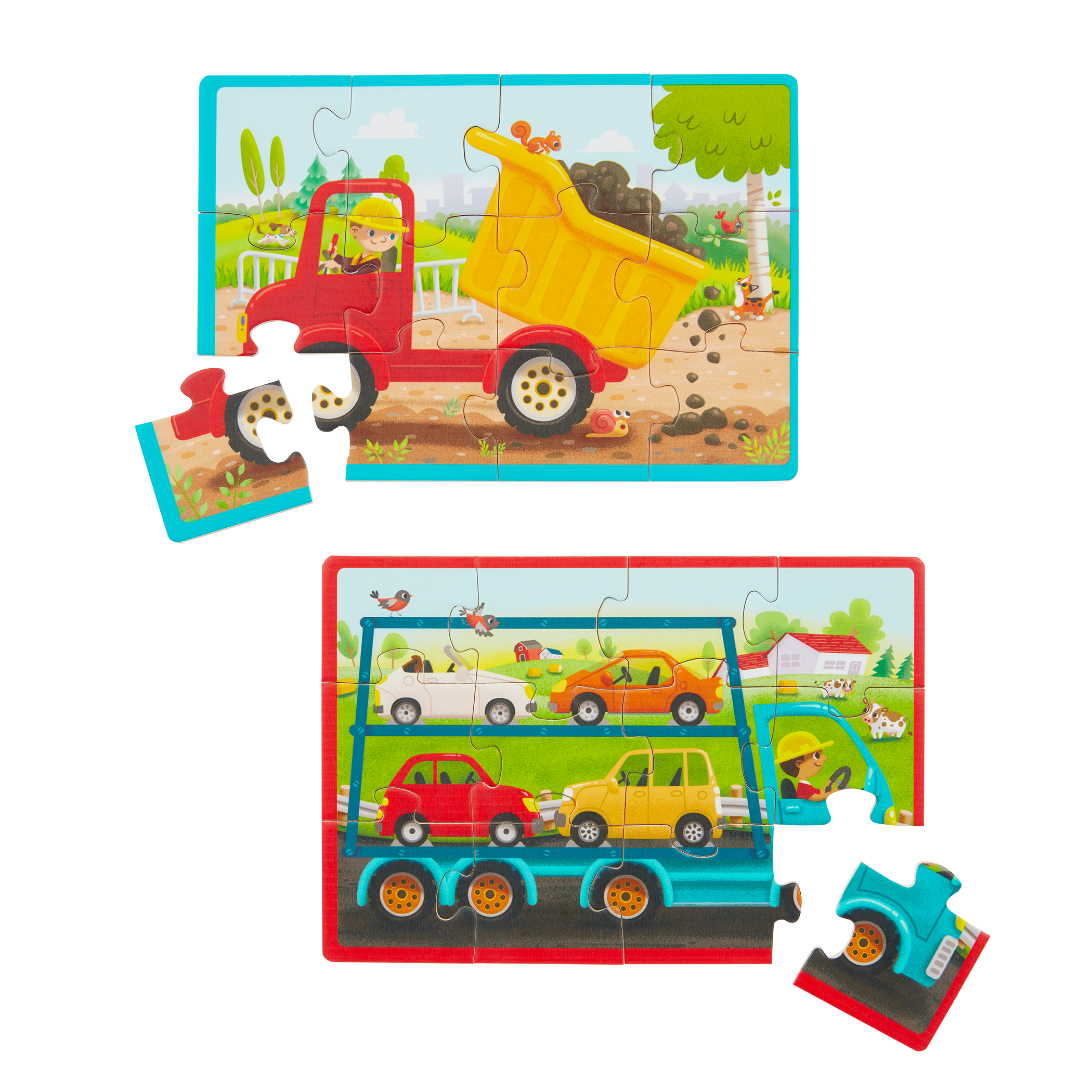 Four wooden truck puzzles.