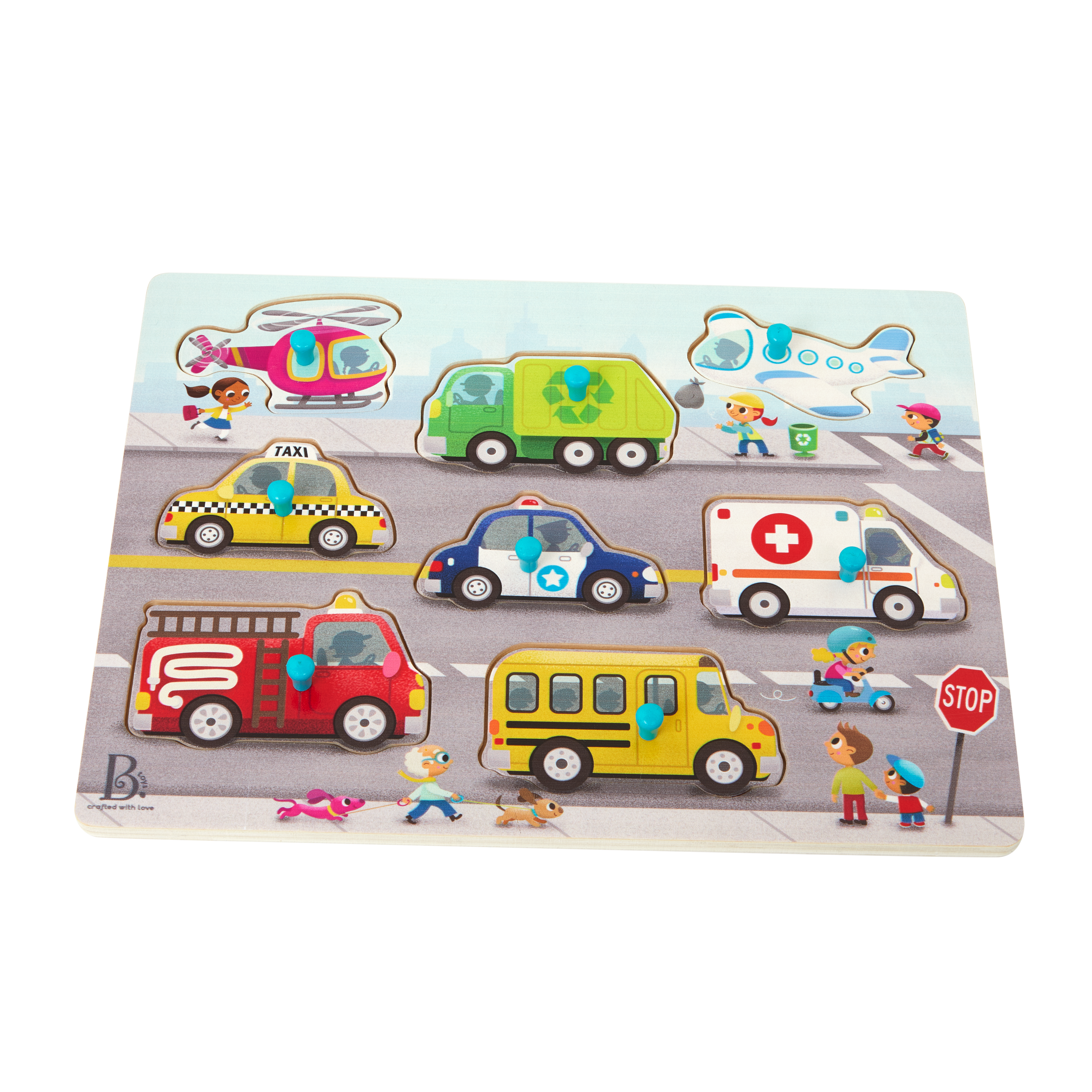 Peg puzzle with vehicles.