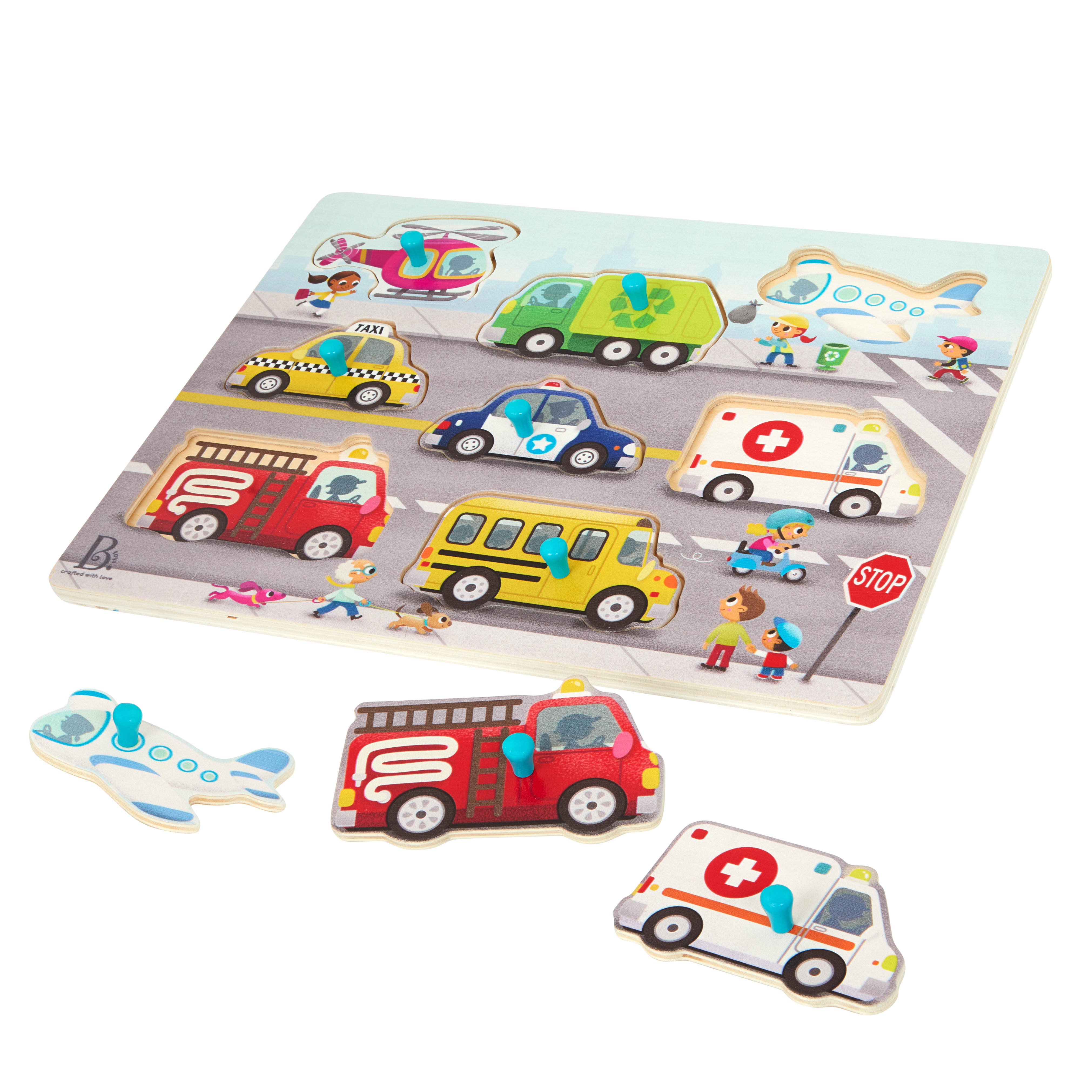 Peg puzzle with vehicles.