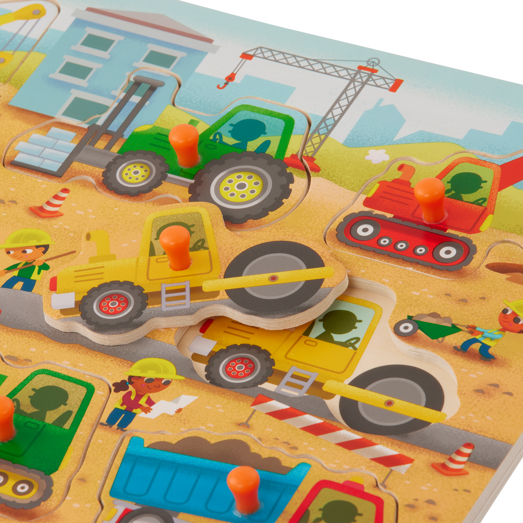 Peg puzzle with construction trucks.