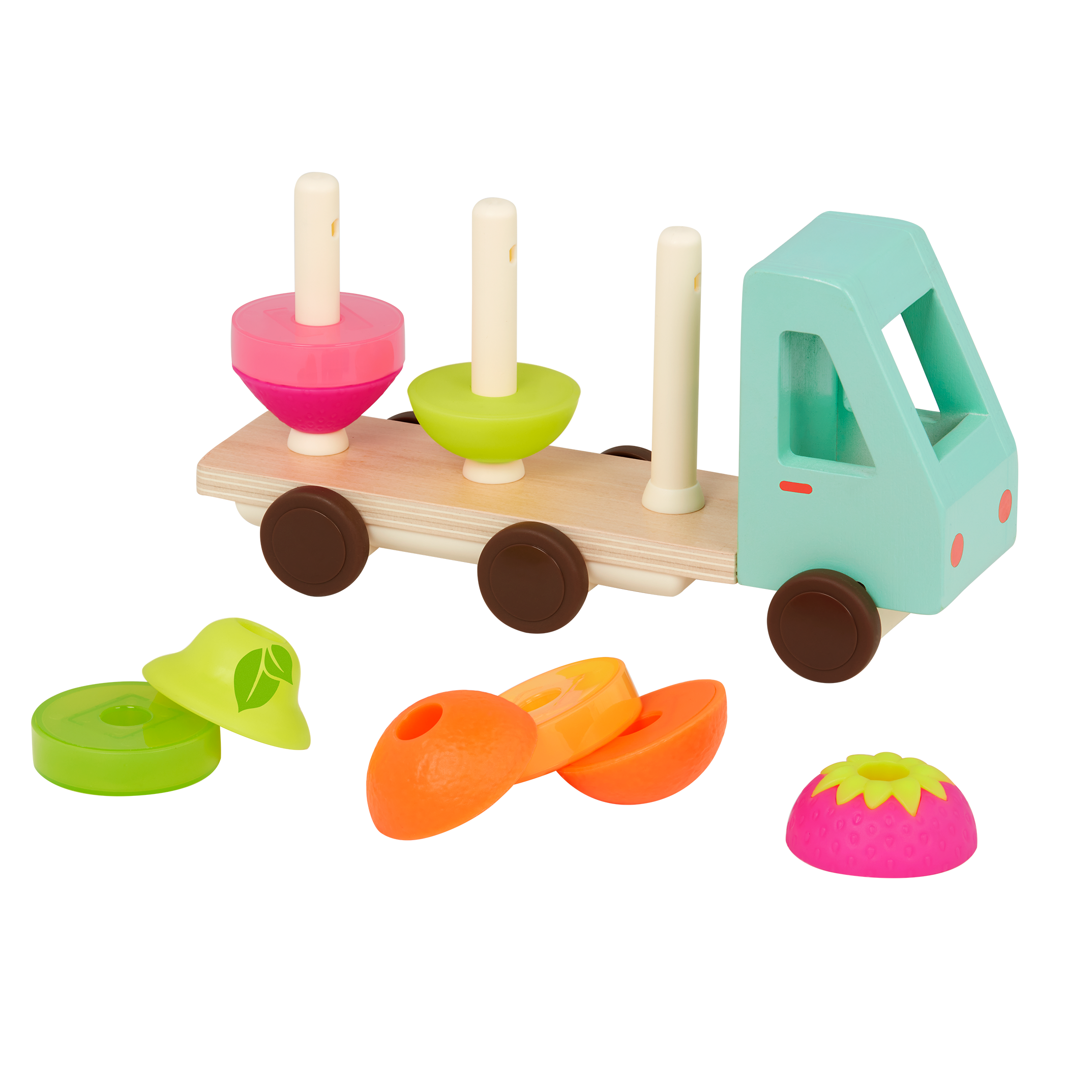 Toy truck with stackable fruits.