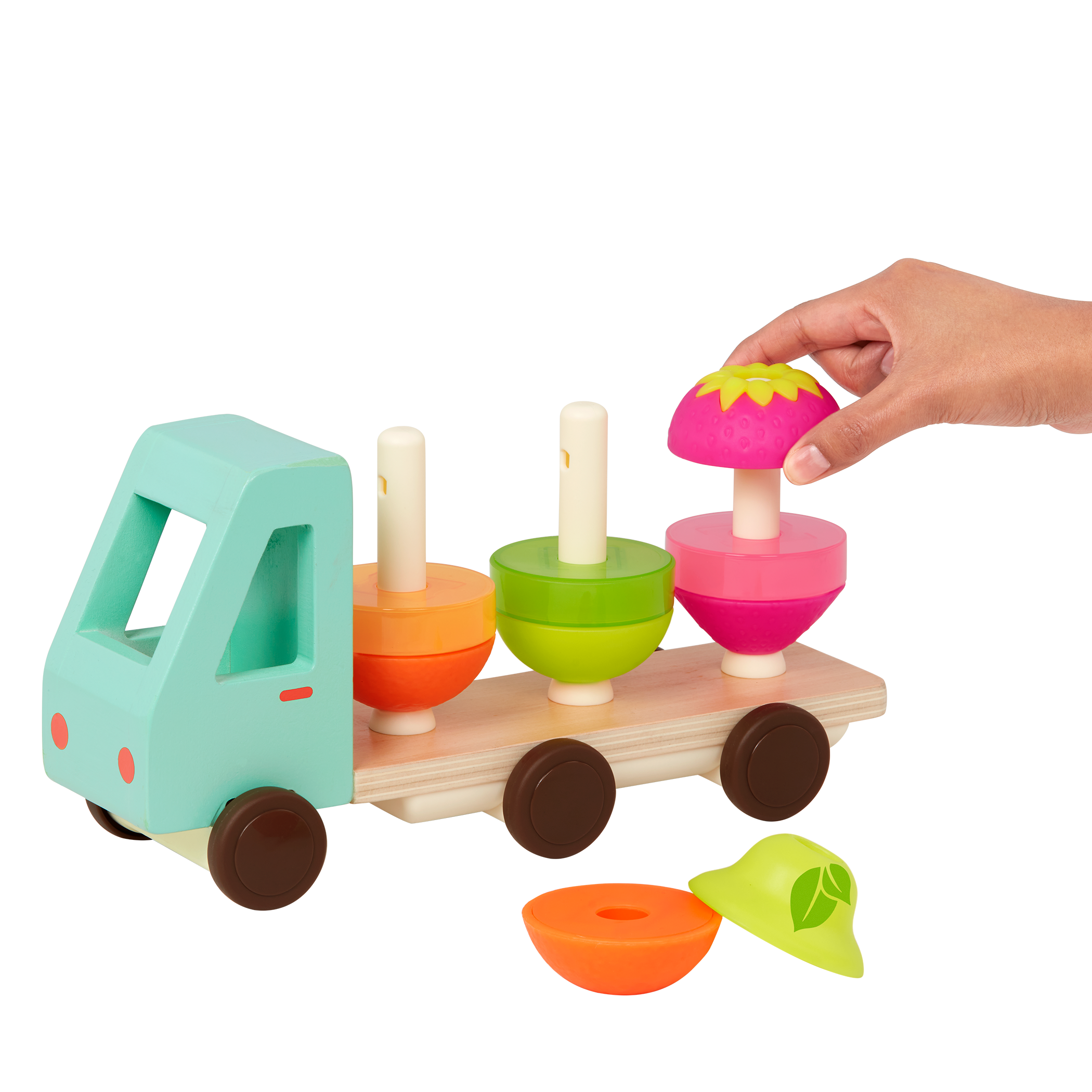 Toy truck with stackable fruits.