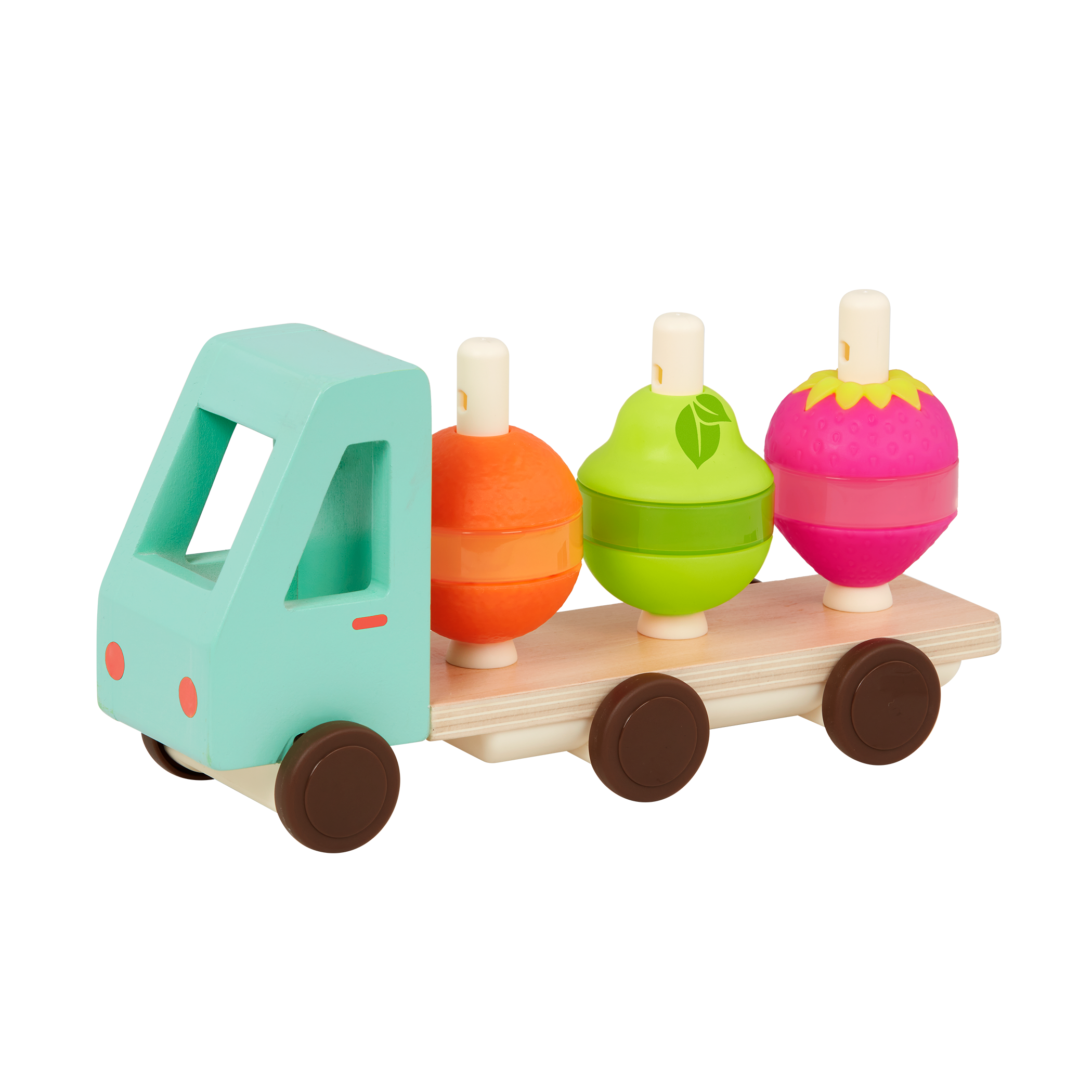 Toy truck with stackable fruits.