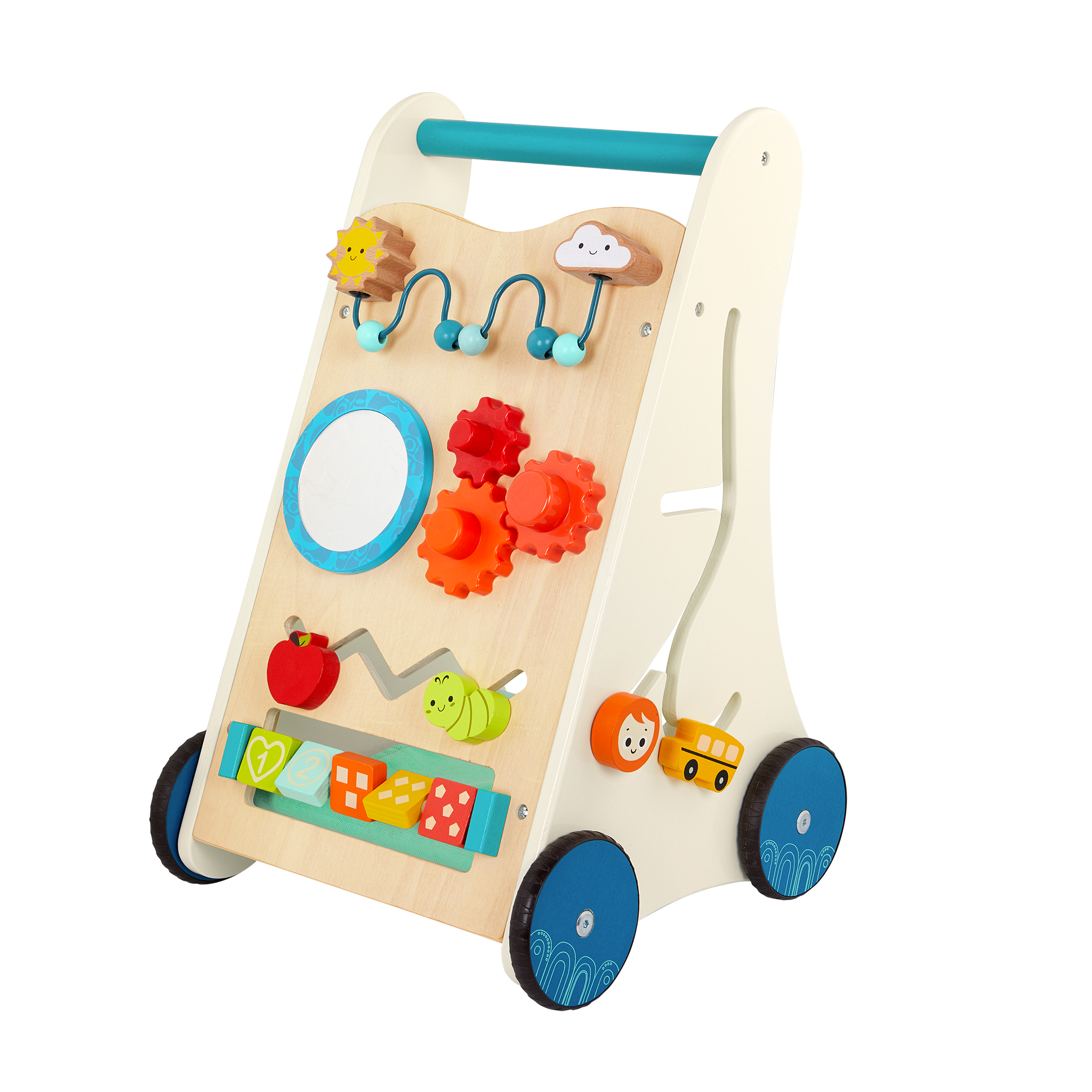 Wooden toddler activity walker with storage