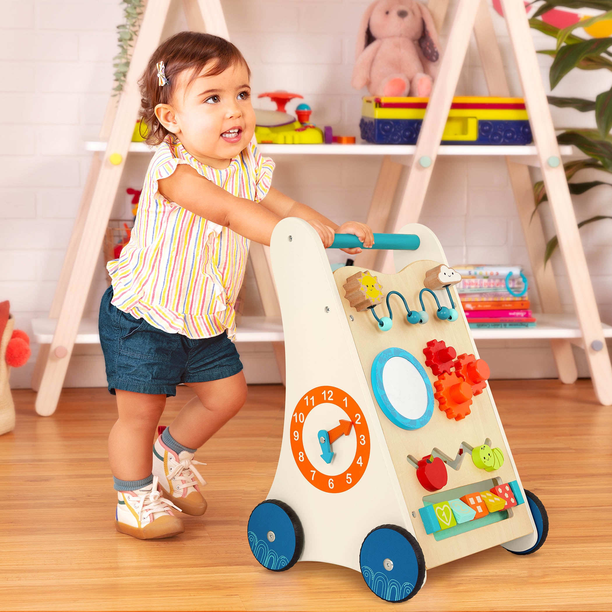 Wooden toddler activity walker with storage