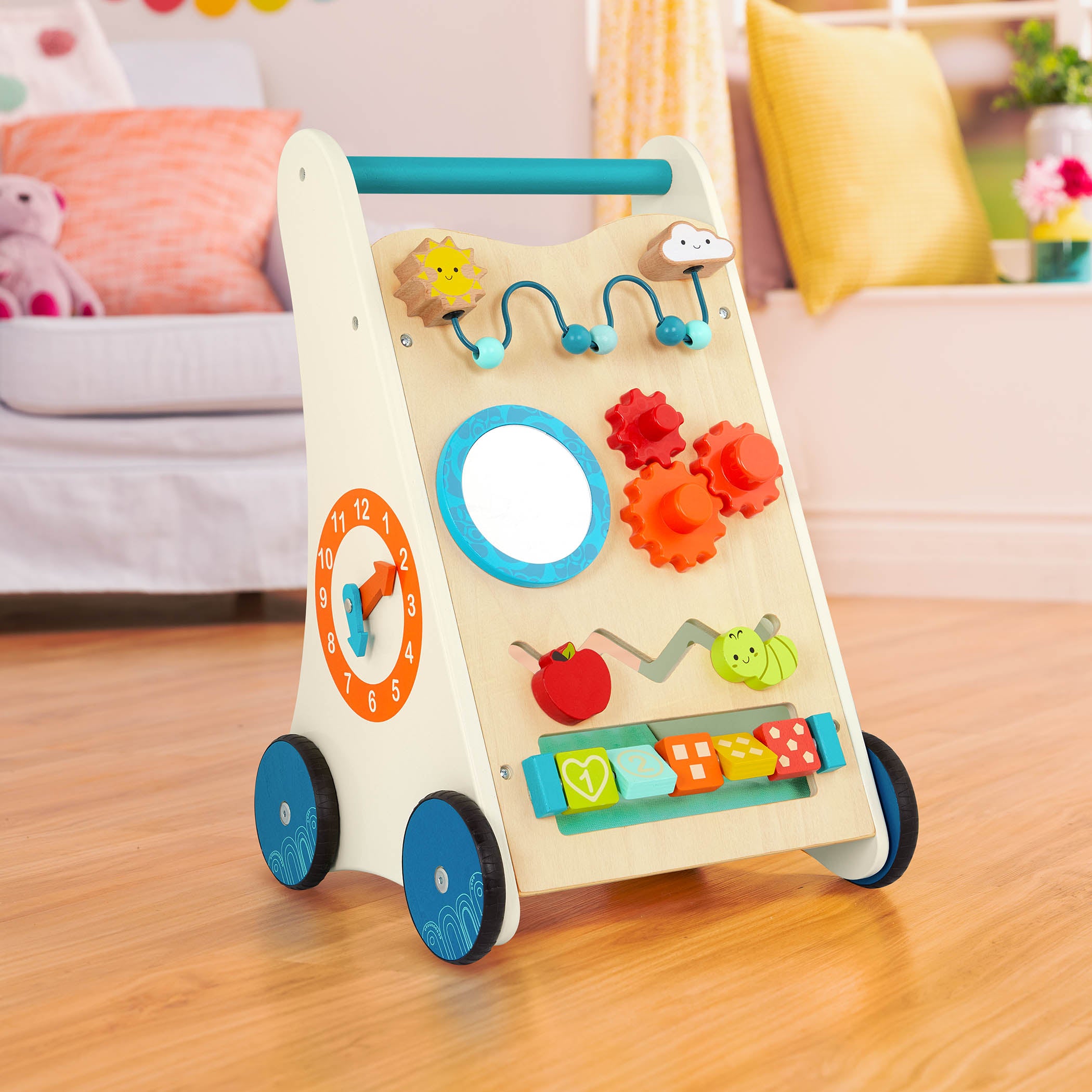 Wooden toddler activity walker with storage