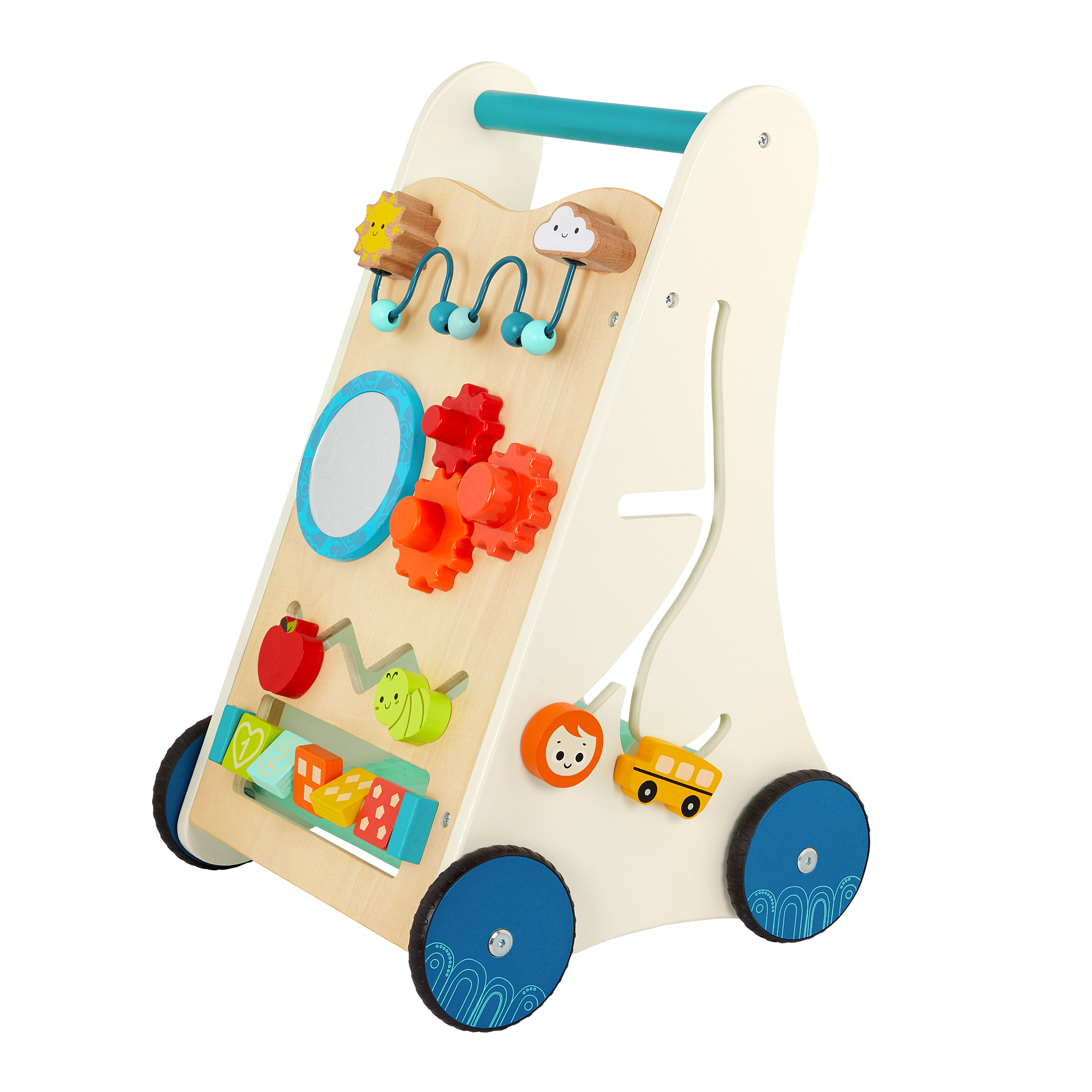 Wooden toddler activity walker with storage