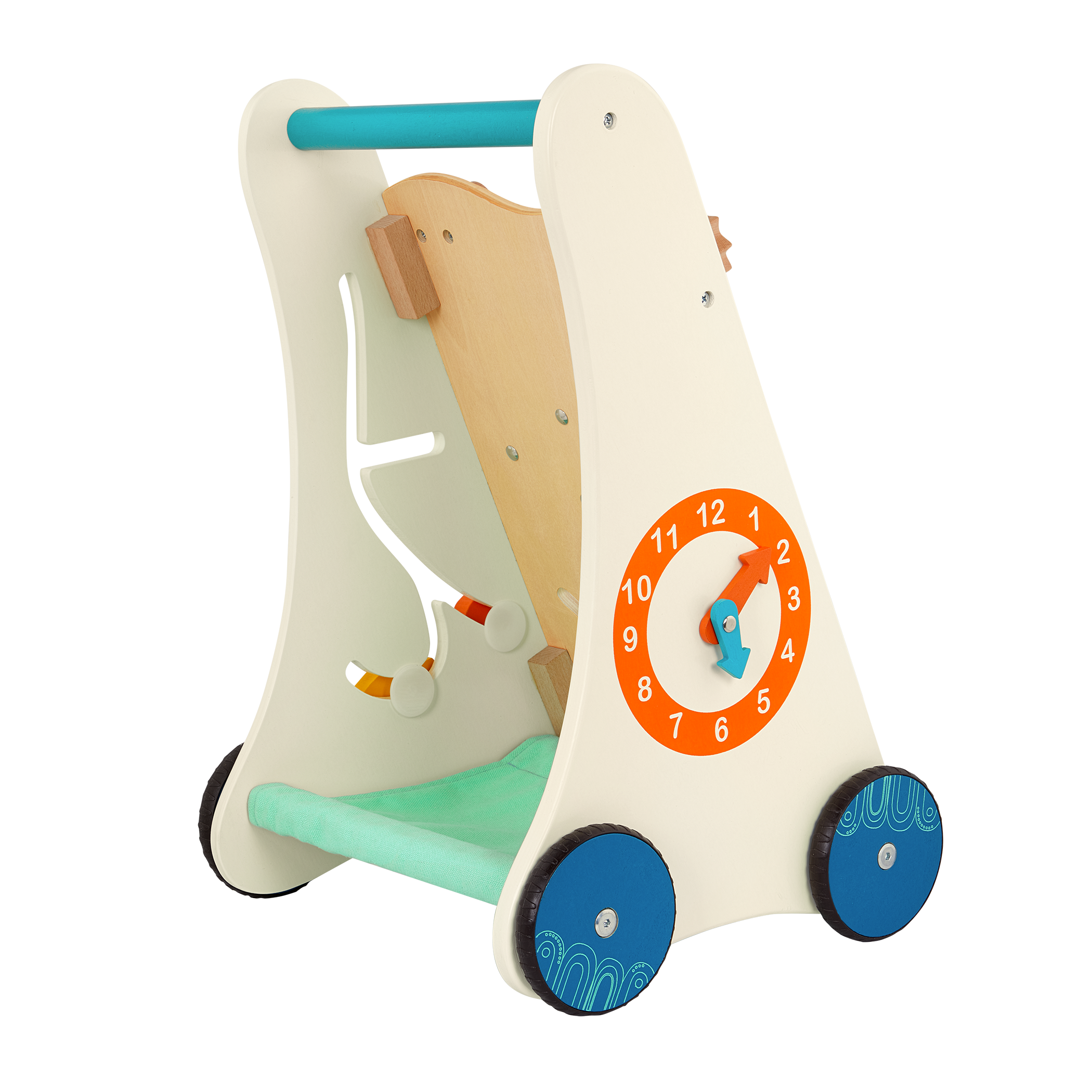 Wooden toddler activity walker with storage