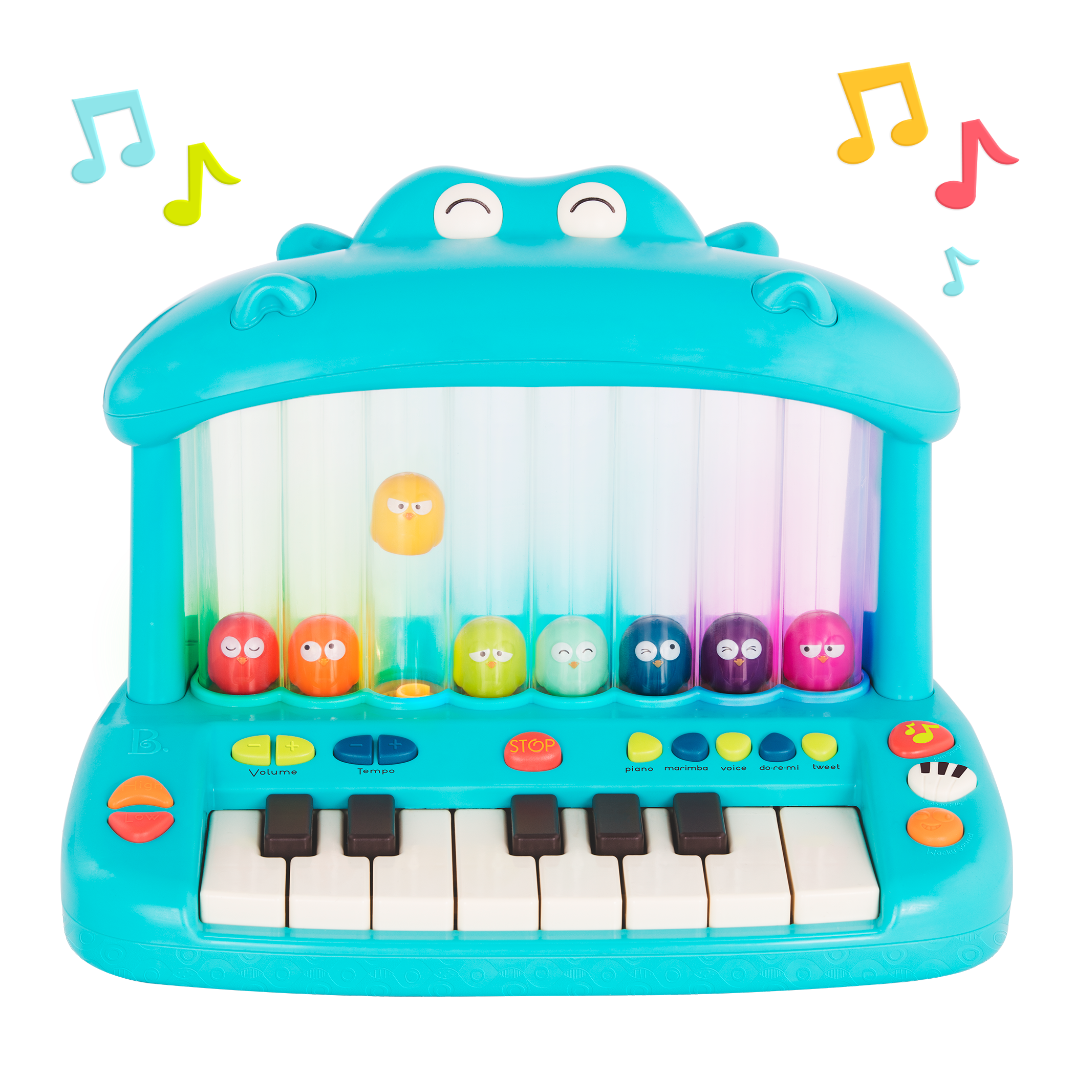 Hippo-shaped play piano for kids with 8 colourful birds.