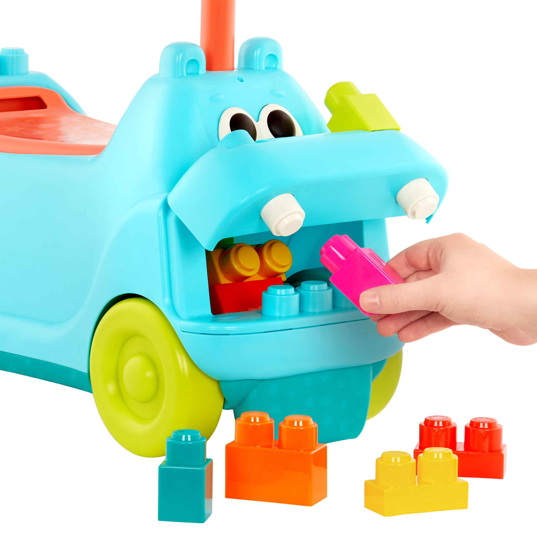 Hippo ride-on with building blocks.