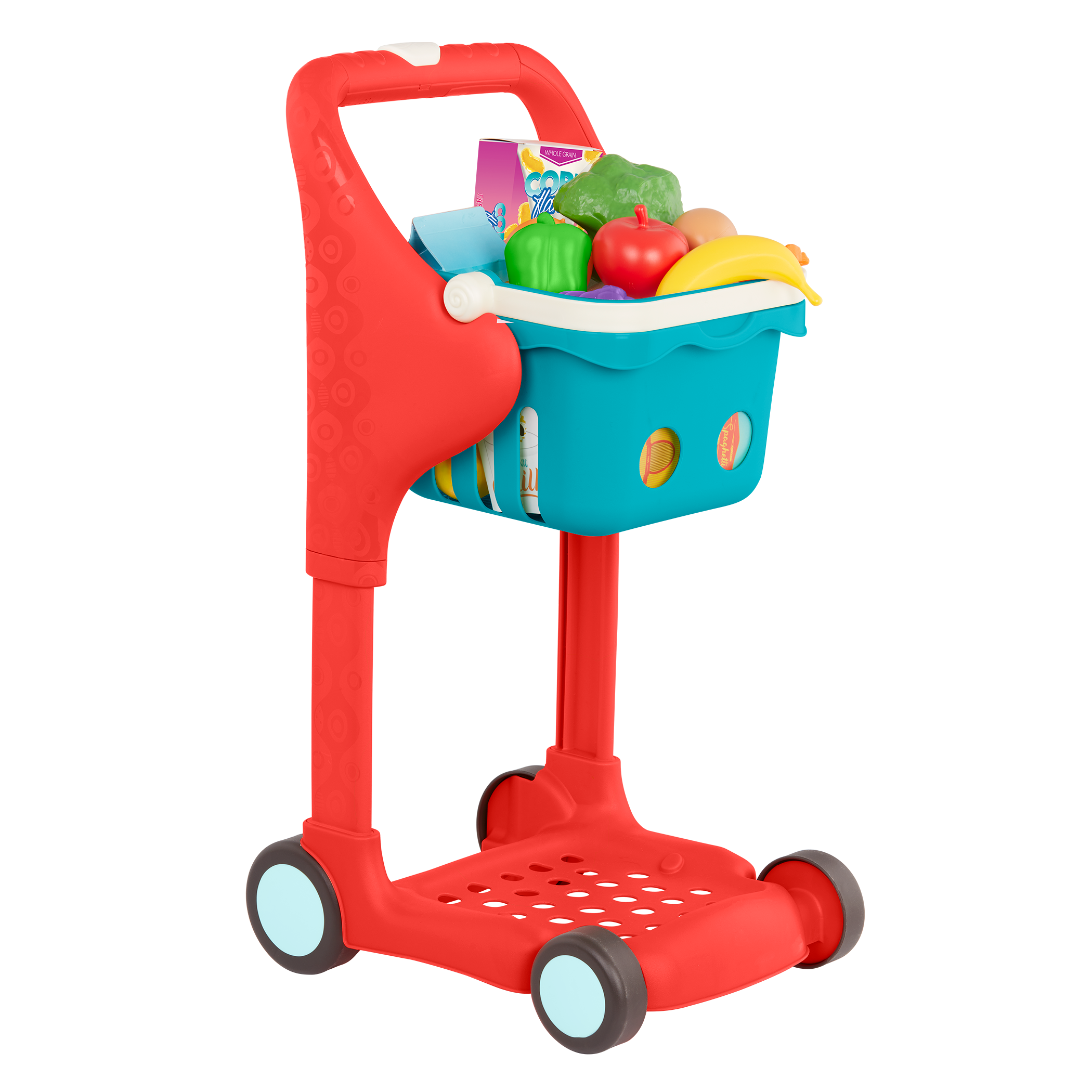 Toy shopping cart with groceries.