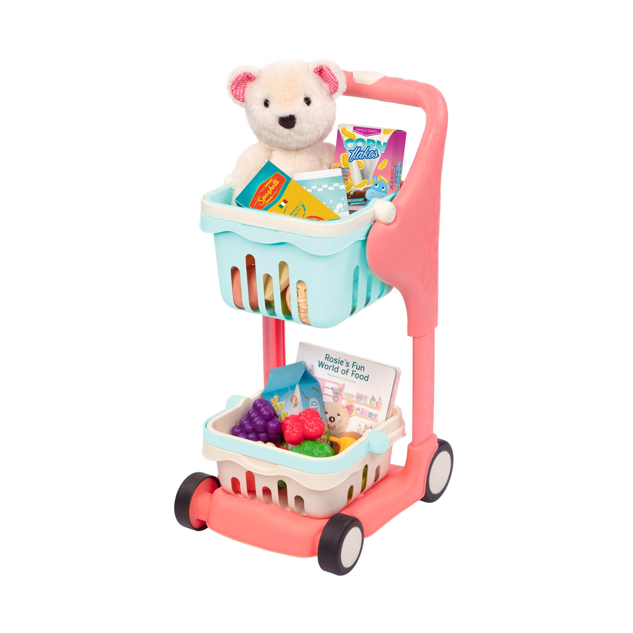 Toy shopping cart with groceries.