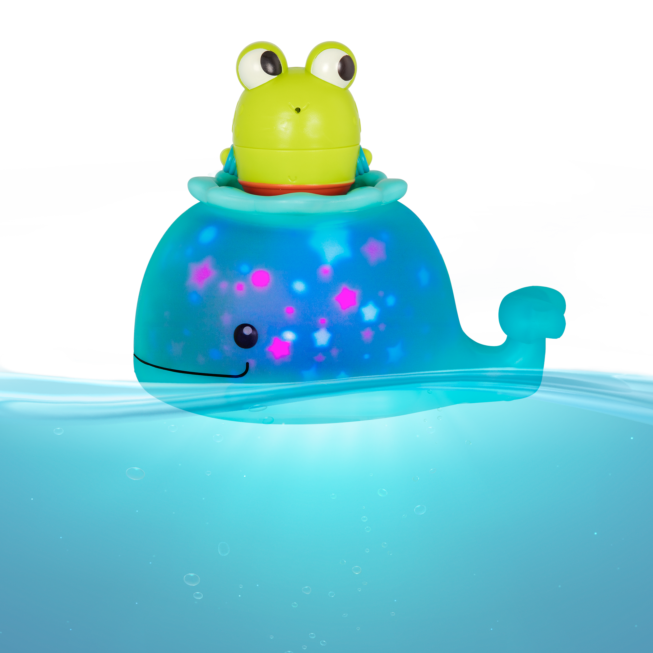 Frog squirt and light-up whale bath toys.