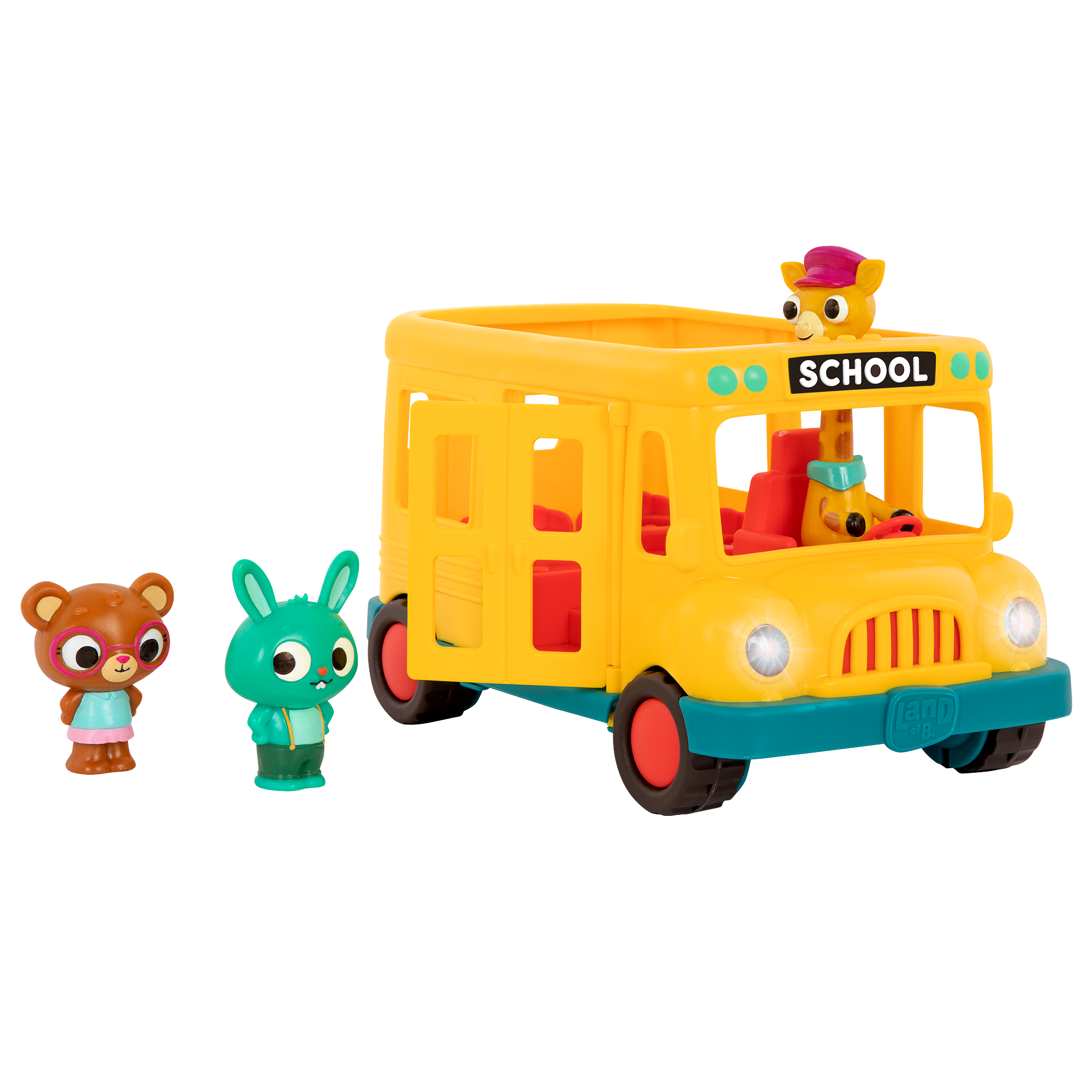 Toy school bus with animal characters.