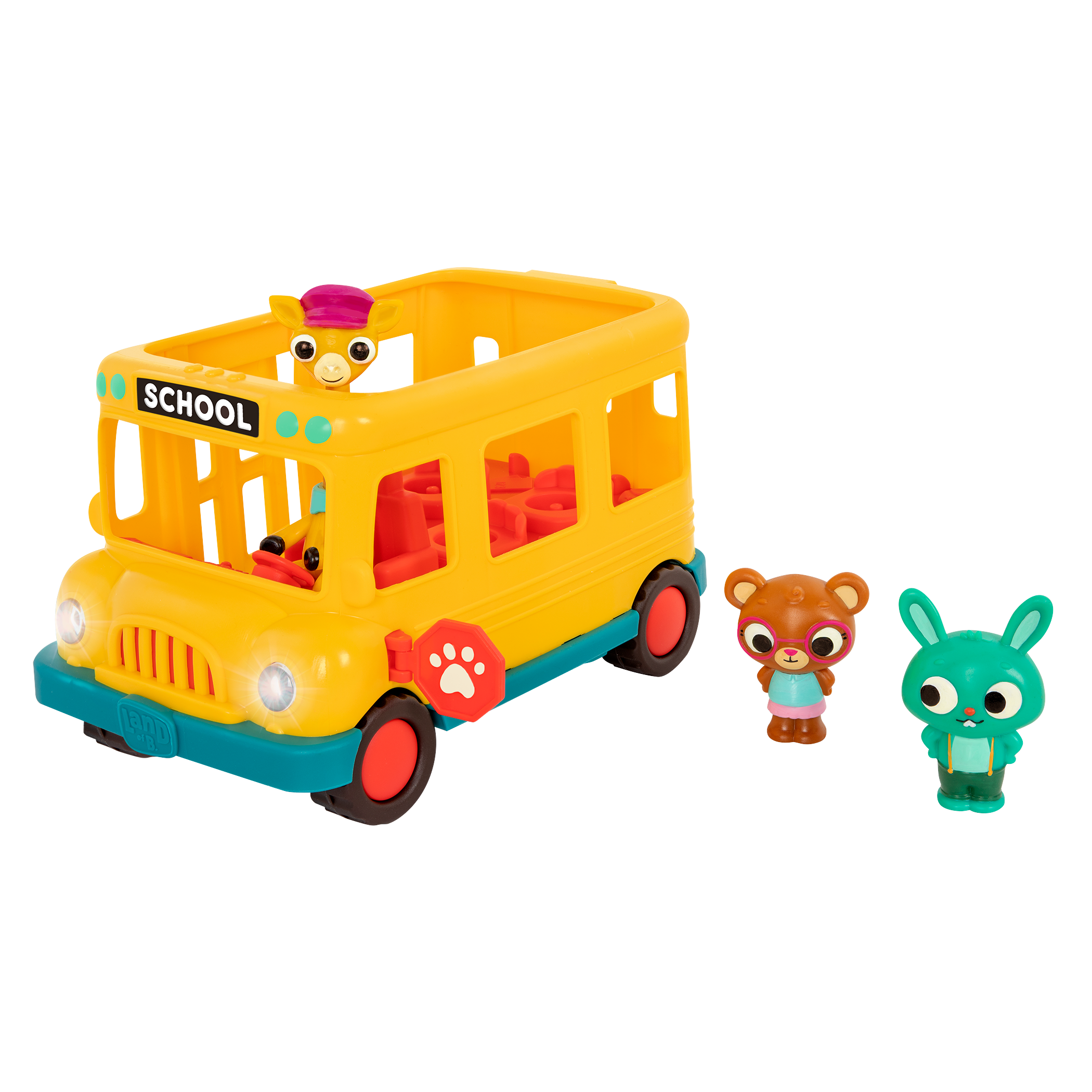 Toy school bus with animal characters.